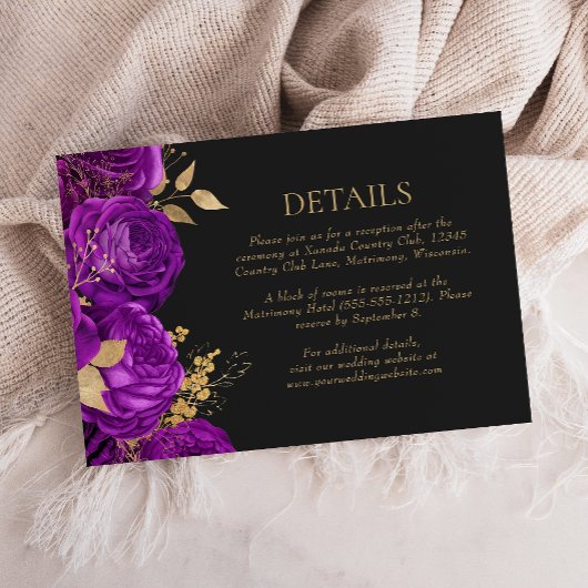 Paarse Gouden Bloemen Donkere Trouwdetails RSVP Kaartje
