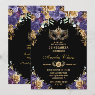 Paarse Gouden Bloemen Masquerade Ball Quinceañera Kaart