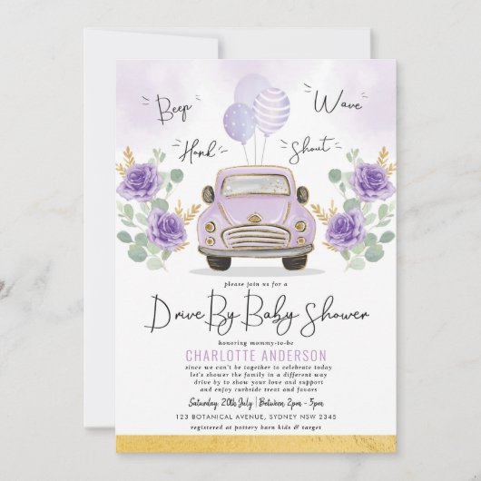 Paarse gouden bloemen rijden door Baby shower para Kaart (Voorkant)