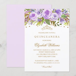Paarse Gouden Bloemen Roos Quinceanera Invitation Kaart
