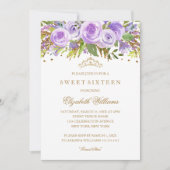 Paarse Gouden Bloemen Roos Sweet Sixteen Invitatio Kaart (Voorkant)