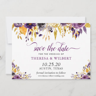 Paarse Gouden Bloemen Save The Date Kaart