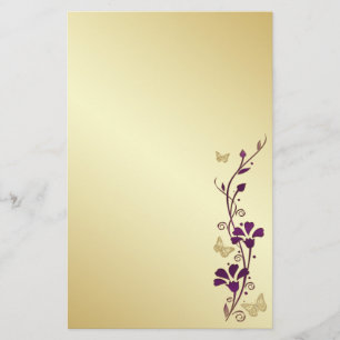 Paarse, gouden bloemen vlinders bruiloft briefpapi briefpapier