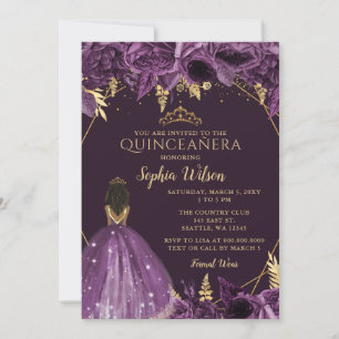Paarse Gouden Bloemige Tan Prinses Quinceañera   Kaart