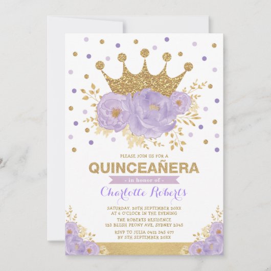 Paarse gouden bloemkroon Confetti Quinceañera Kaart (Voorkant)