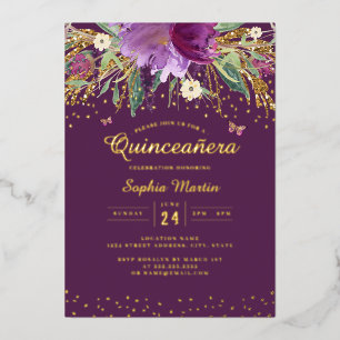 Paarse gouden bloemvlinder quinceanera folie uitnodiging