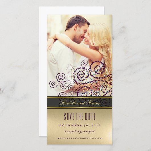 Paarse & gouden boho spiraal Stippen Elegante chiq Save The Date (Voorkant / Achterkant)