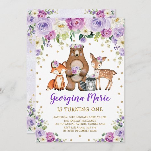 Paarse Gouden Bos Girly Floral Verjaardag Kaart (Voorkant / Achterkant)