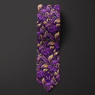 Paarse & Gouden Botanische Monogram Stropdas