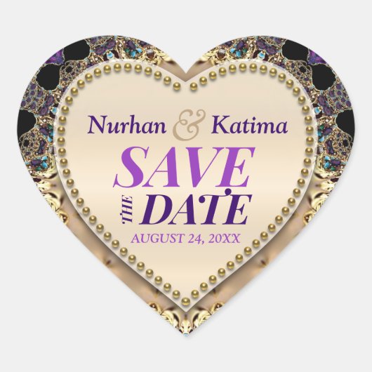 Paarse Gouden Brokaat Save the Date Sticker (Voorkant)