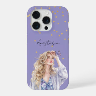 Paarse Gouden Confetti Blond Meisje Vlinder iPhone 15 Pro Hoesje