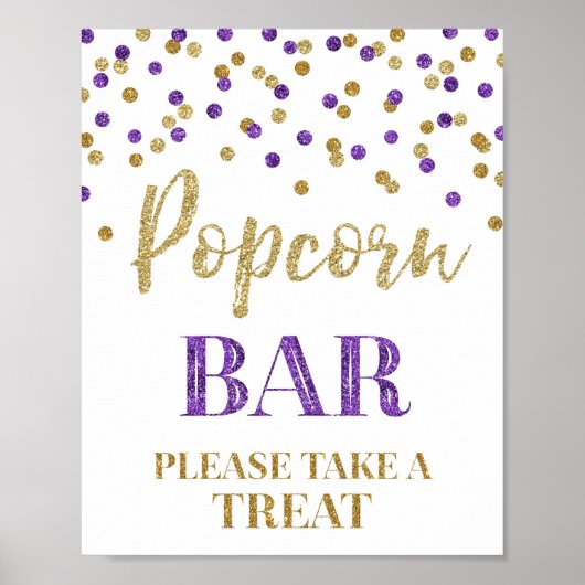 Paarse Gouden Confetti Popcorn Bar Teken Poster (Voorkant)