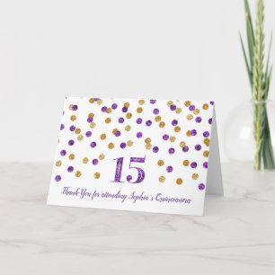 Paarse gouden Confetti Quinceañera bedankkaart