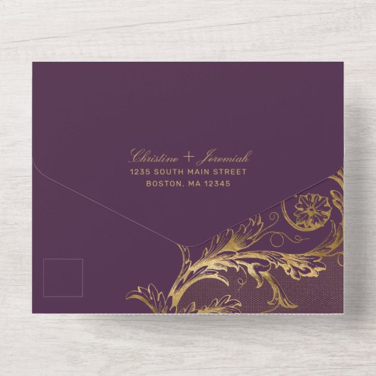  Paarse Gouden Damask Kalligrafie Trouwen All In One Uitnodiging (Achterkant)