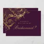 Paarse Gouden Damask Script Bruidsmeisje Kaart (Voorkant / Achterkant)