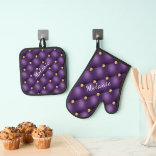 Paarse gouden diamant getuft aangepaste naam perso ovenwant & pannenlap set
