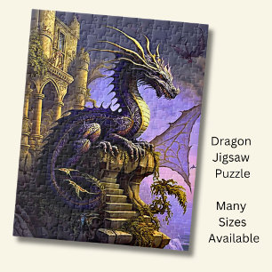 Paarse gouden draak op de trappen van het kasteel legpuzzel