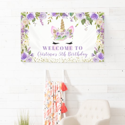 Paarse gouden eenhoorn Floral Birthday Party Banne Spandoek (Insitu)