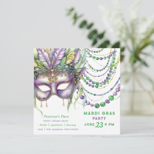 Paarse gouden en groene Mardi Gras masker en krale Kaart (Staand voorkant)