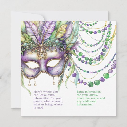 Paarse gouden en groene Mardi Gras masker en krale Kaart (Achterkant)