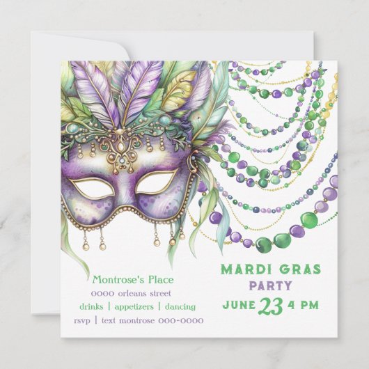 Paarse gouden en groene Mardi Gras masker en krale Kaart (Voorkant)