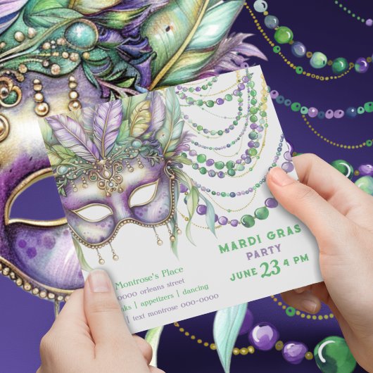 Paarse gouden en groene Mardi Gras masker en krale Kaart