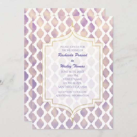 Paarse gouden en witte Marokkaanse huwelijksuitnod Kaart (Voorkant / Achterkant)