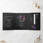 Paarse, gouden en zwarte Shabby bloemenbruiloft Drieluik Uitnodiging (Binnen)