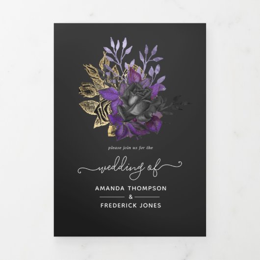 Paarse, gouden en zwarte Shabby bloemenbruiloft Drieluik Uitnodiging (Cover)