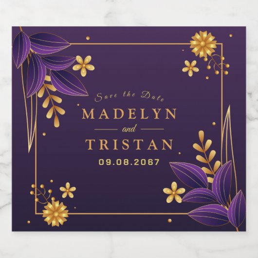Paarse & gouden esthetiek bloemenbruiloft sparkling wijnetiket (Enkel label)