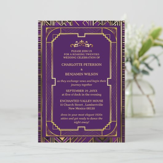 Paarse & Gouden Gatsby Art Deco 1920s Bruiloft Kaart (Staand voorkant)