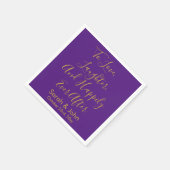 Paarse gouden gepersonaliseerde script bruiloft re servet (Hoek)