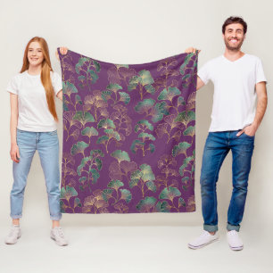 Paarse Gouden Ginkgo Japanse Botanische Patroon Fleece Deken