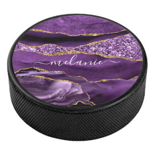 Paarse Gouden Glitter Aangepaste Naam Hockey Puck