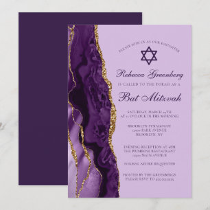 Paarse Gouden Glitter Bat Mitswa Party Kaart