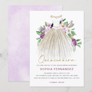 Paarse gouden glitter bloemenjurk quinceañera kaart
