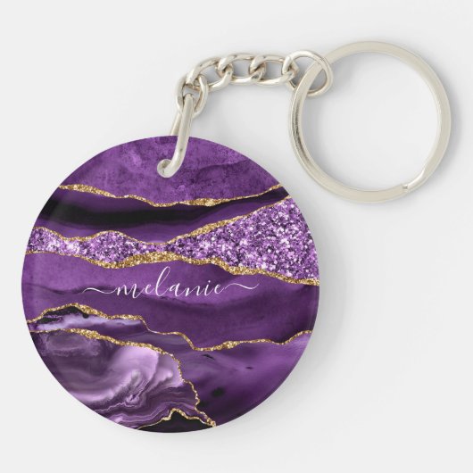 Paarse Gouden Glitter Geode Custom Name Sleutelhan Sleutelhanger (Achterkant)