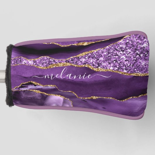 Paarse Gouden Glitter Golfkop Hoesje Custom Name Golfheadcover (Voorkant)