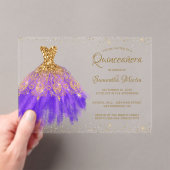 Paarse Gouden Glitter Jurk Script Quinceañera Part Acryl Uitnodigingen (Insitu (Draagbaar))