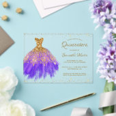 Paarse Gouden Glitter Jurk Script Quinceañera Part Acryl Uitnodigingen (Insitu (Huwelijk))