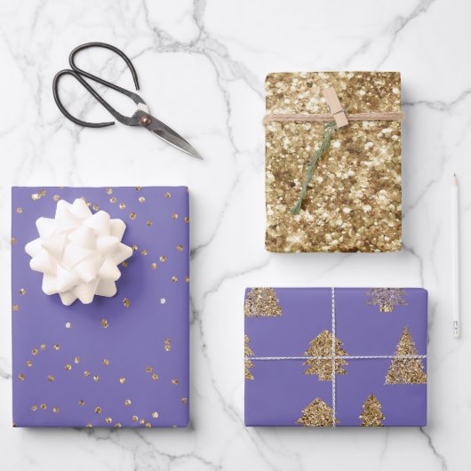 Paarse gouden glitter kerstbomen inpakpapier vel (Voorkant)