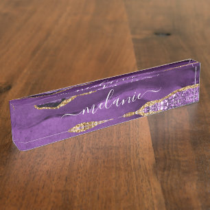 Paarse gouden glitter marmeren aangepaste bureau n naambordje