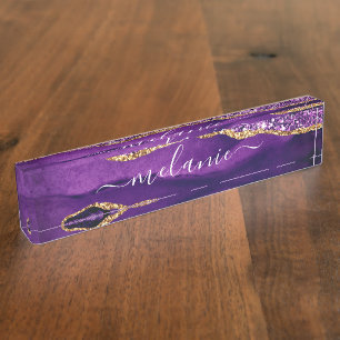 Paarse gouden glitter marmeren aangepaste bureau n naambordje
