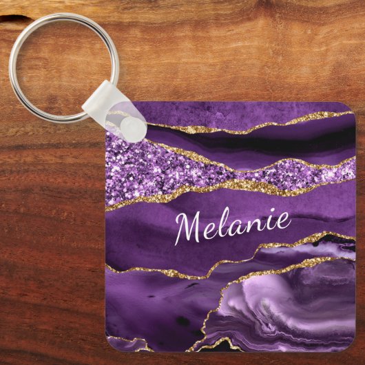 Paarse gouden glitter marmeren aangepaste naam Sle Sleutelhanger (Voorkant)