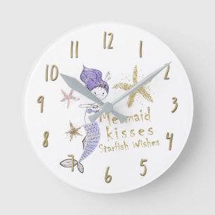 Paarse Gouden Glitter Meermin Wensen Zeester Kusje Ronde Klok