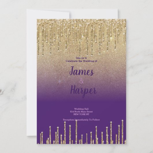 Paarse gouden glitter ombre druppels script Bruilo Kaart (Voorkant)