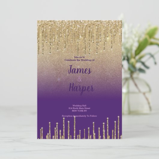 Paarse gouden glitter ombre druppels script Bruilo Kaart (Staand voorkant)