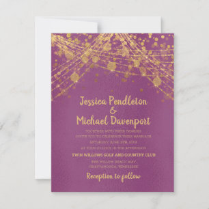 Paarse Gouden Glitter Slingerlichten Bruiloft Kaart