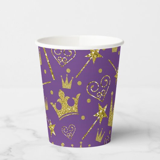 Paarse & Gouden Glitter Sparkle Princess Verjaarda Papieren Bekers (Links)