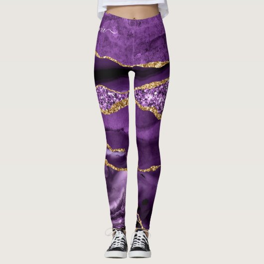 Paarse Gouden Glitter Sparkly Leggings Aangepaste  (Voorkant)